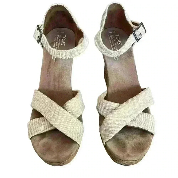 TOMS Wedge Sandals Cork Oatmeal Burlap Criss Cross Sienna Platform Women’s S 10 - Picture 1 of 6